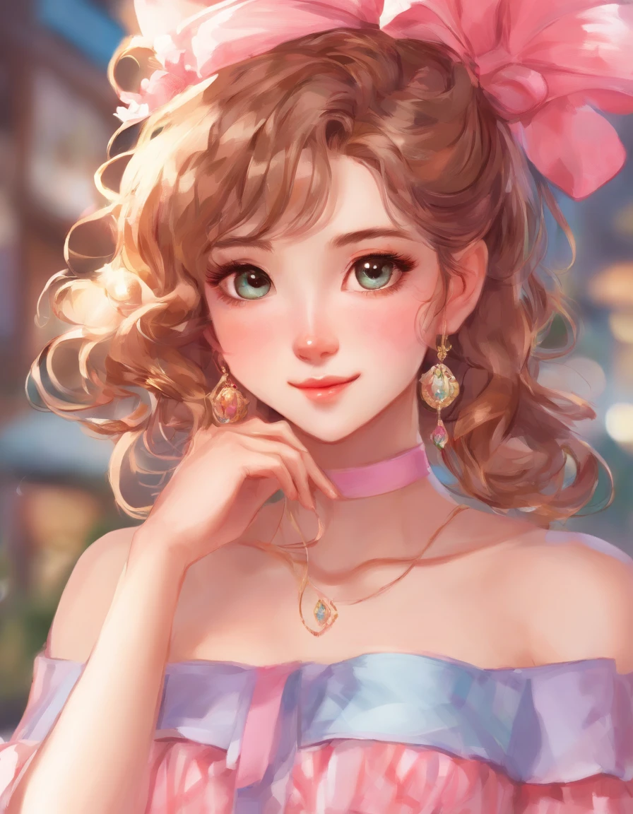 a closeup of a Caucasian woman in a pink striped dress posing for a photo, woman has very pretty eyes, wavy brown hair, she is wearing earrings, digital art from a digital painting, elegant and elegant, strapless dress, Art in the style of Guweiz,  de dressed, wearing an elegant dress, shy and demure, soft digital painting, in Bowater art style, detailed dress and face, Artgerm. high detail ,anime