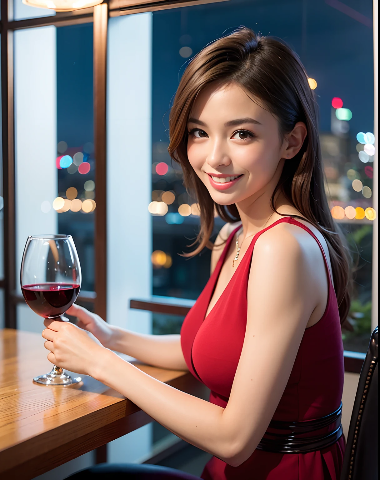 (64K, UHD, top quality, masterpiece: 1.2), (realistic, photorealistic: 1.37), super detailed, pretty woman 1 person, (slim face), (slim body), (brown hair), (short cut), cheeks slightly blushing, (44 years old), 38 years old, solo, beautiful detailed urban night view outside the window, restaurant, wine glasses sit, at night, in a prominent placeNovaFrogStyle, Actress, Model, Waist Up, White Wine, Slim, Wine Glass, Super Clean Night View, Wine Glass Put in the Middle, Happy Smile, (Smile: 1.15), Beautiful Fine Eyes, Upper Body, Bust Japan Up, Night, Short, Short, Actress, Model, Waist Up, White Wine, Slim, Wine Glass, Super Clean Night View, Wine Glass Put in the Middle, Happy Smile,