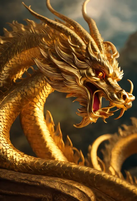 A golden circling Chinese dragon，The whole dragon
