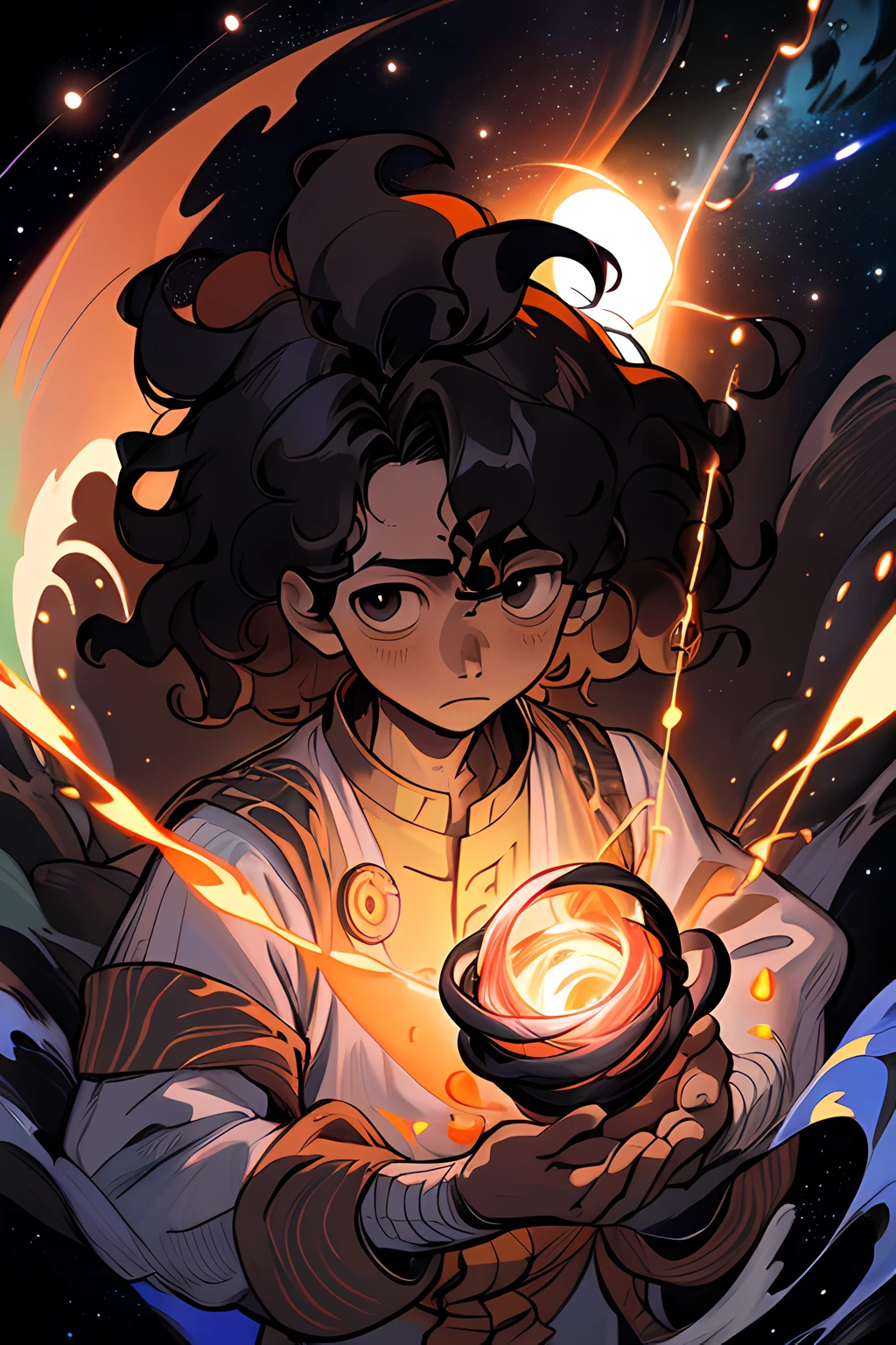 (best quality, masterpiece), 1boy, kazuhiro1 omnipotent god, universe, milky way, particles, black hole, transcendent being, looking at viewer, wavy hair, orb,