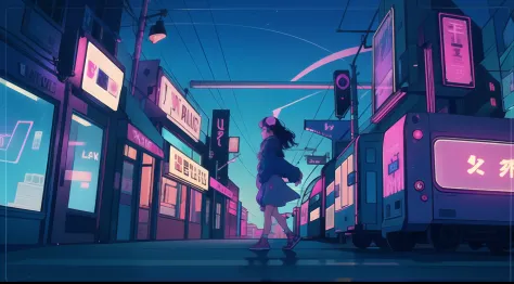 Night city, a girl walking on the streets, she has heaphones, a cat follows her, blue and purple, lofi, 80s, retro, neon lights