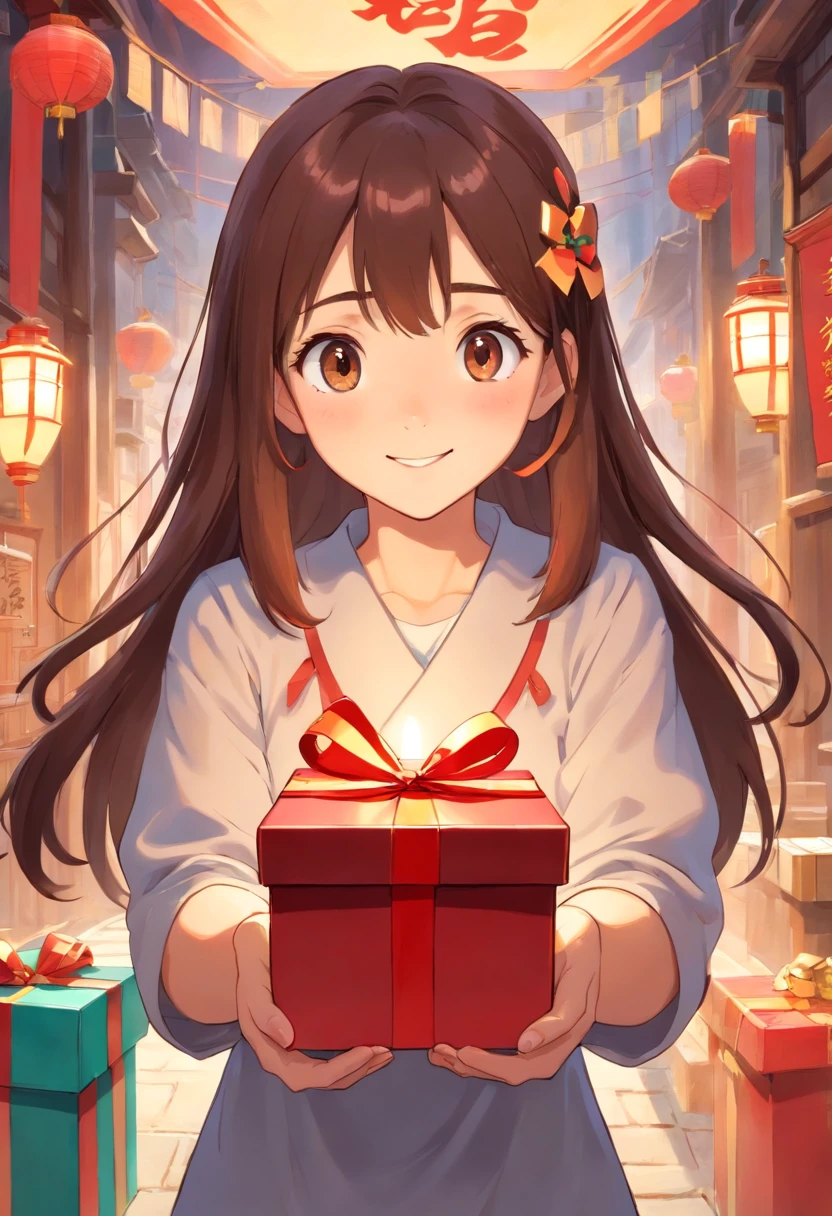 Girl holding gift box，frontage，Happy expression，Chinese illustration,Flat illustration