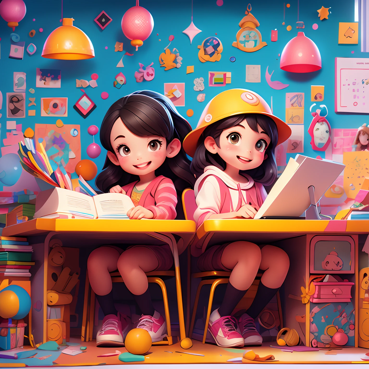 A primary school student and a primary school girl study at their desk，clean backdrop，a warm color palette，having fun，Bright colors，cartoonish style