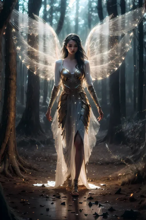 a woman in a fairy costume standing in a forest with fairy lights, ethereal wings, wings made of light, fantasy gorgeous lightin...