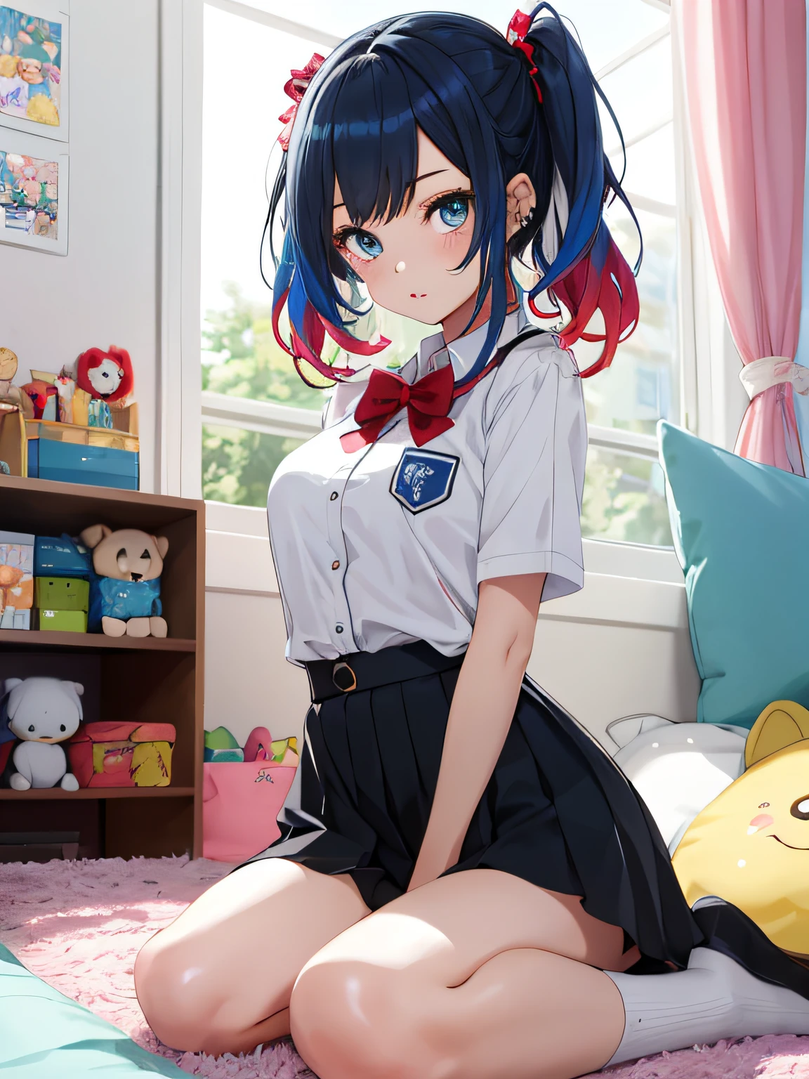 1girl in、colorfulhair、shiny skins、kawaii girl、piercingeyes、rays of sunshine、Red and black gradient hair、Bare legged、Blue eyes、Sit on the、summer school uniform、kawaii、Her room、