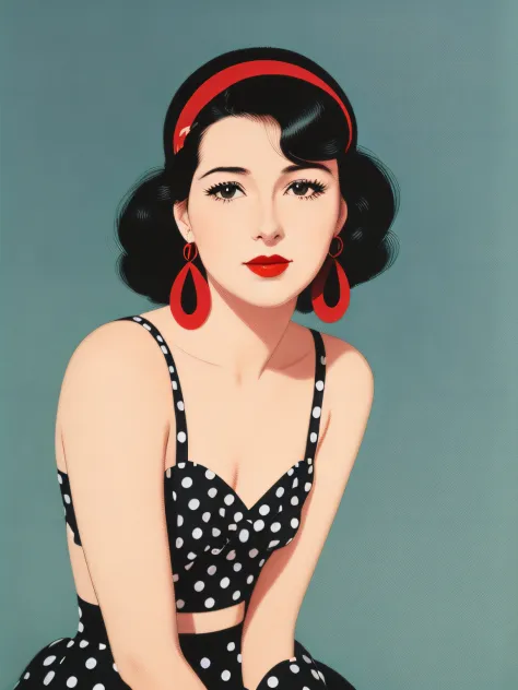 Polka dots on background　Woman posing alone　Wearing red lipstick and small black earrings、In the axis of light、　taisho roman　Japan Manga　America in the 70s　Mary Cassatt、patrick nagel、Looking at the camera with cynicism((Film noir))Portrait painting