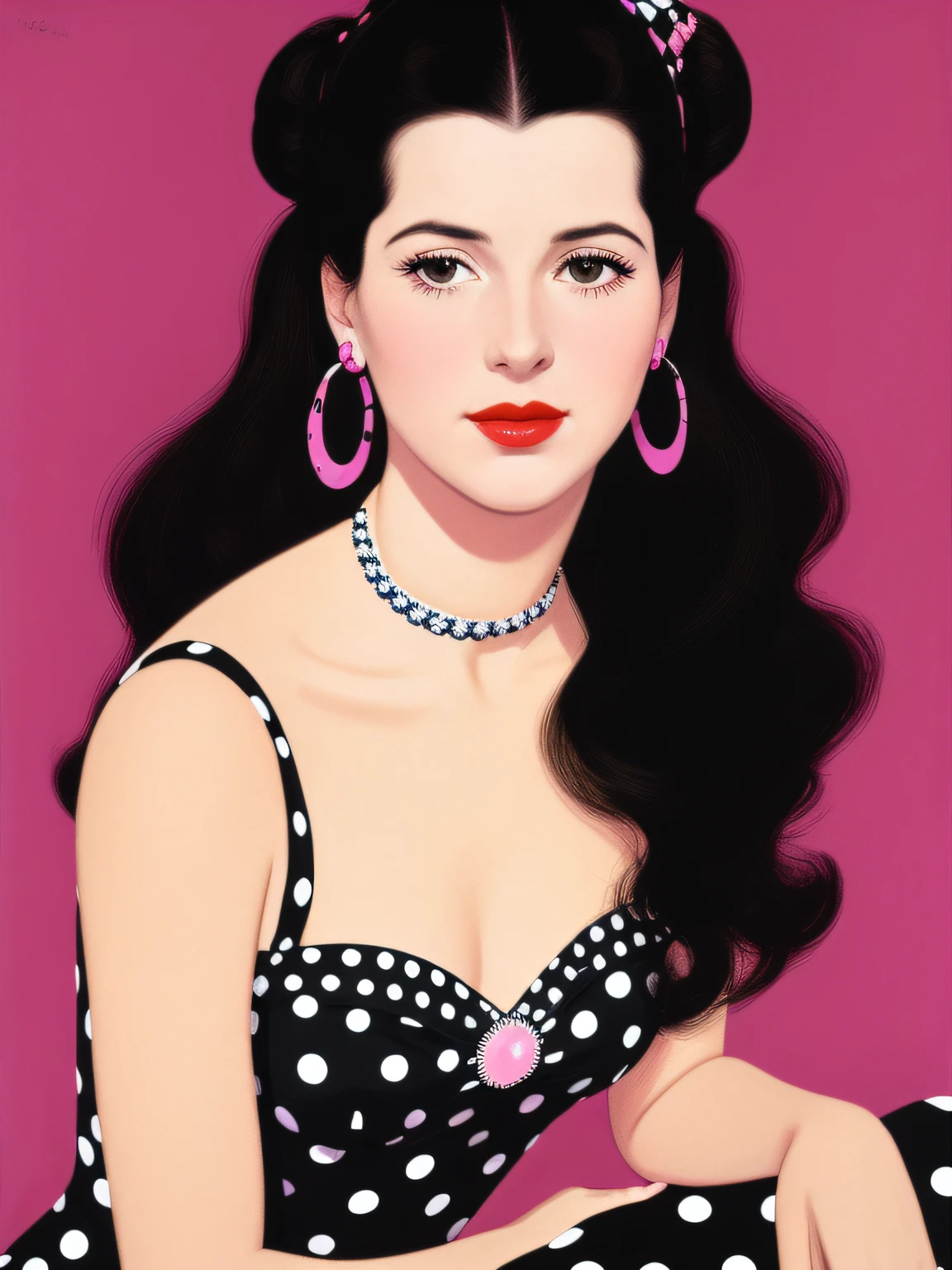 Polka dots on background　One sobbed woman　Wearing pink lipstick and small black earrings、In the axis of light、　America in the 70s　Mary Cassatt、patrick nagel、Looking at the camera with cynicism((Film noir))Portrait painting