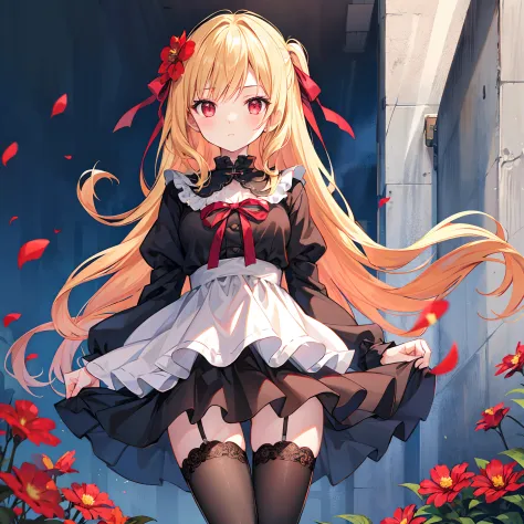 Wavy blonde、Red ribbons、red eyes、Beautiful girl alone、a miniskirt、Black tights、flower  field、