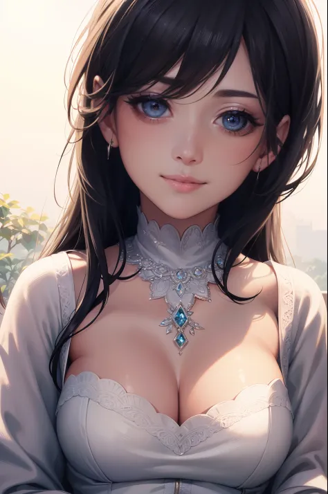 (Ultra realistic, super detailed, 8k), A beautiful, serene woman, looking at viewer, smiling gracefully, a touch of warmth, (2d illustration:1.2)
