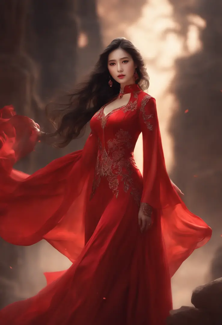 (masterpiece, top quality, best, official art, beautiful and aesthetically pleasing, long exposure: 1.2), smooth movement, charming patterns, 1 girl, (long dress with sleeves: 1.3), (((red dress) )), upper body close-up, bare shoulders, Chinese girl, blush...