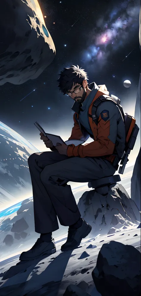 Draw a young programmer, sitting on a research platform floating in the middle of an asteroid belt. He have a glasses of white frame,He is studying with a notebook, surrounded by several asteroids glowing with fiery auras. Dramatic lighting from distant st...