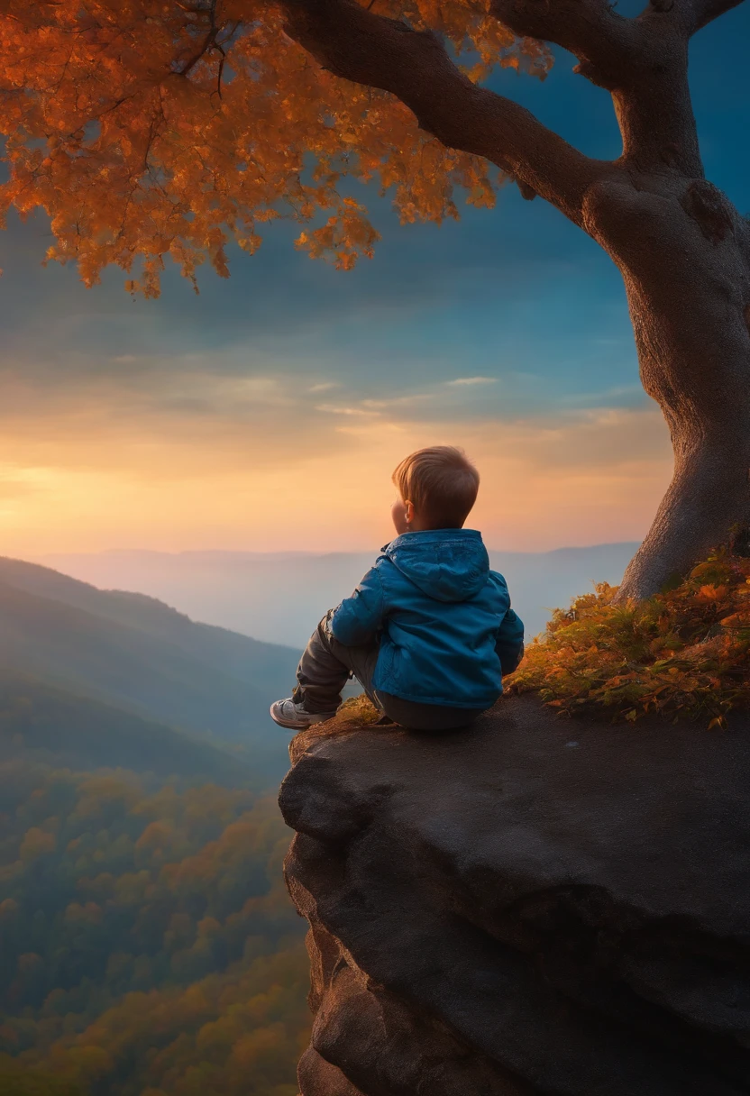 A boy sitting on a cliff looking out at the mountains - SeaArt AI