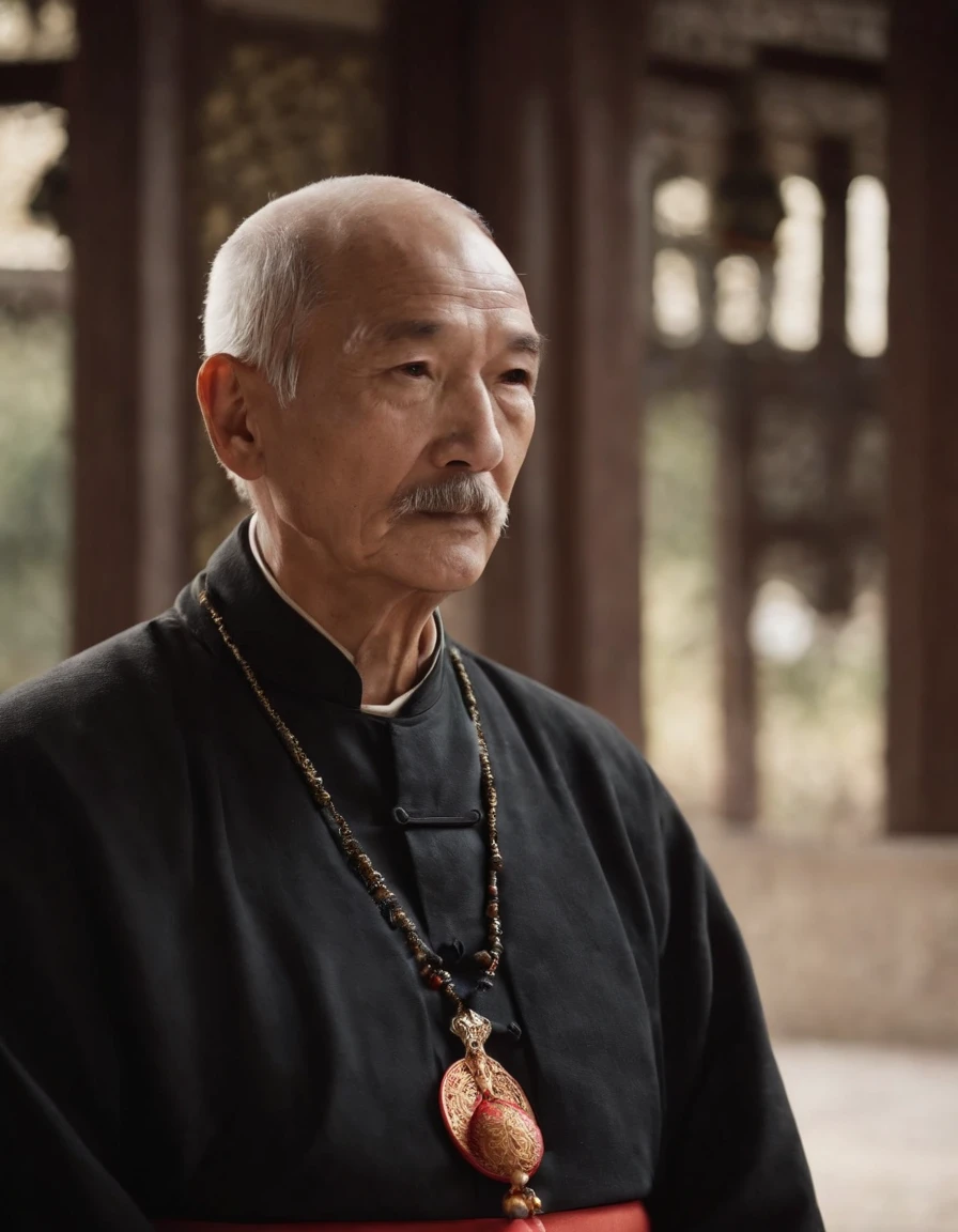 Immortals。Immortal，Temple，Meditate，Prayer beads，stately，a old man。white mustache，a cassock，robe