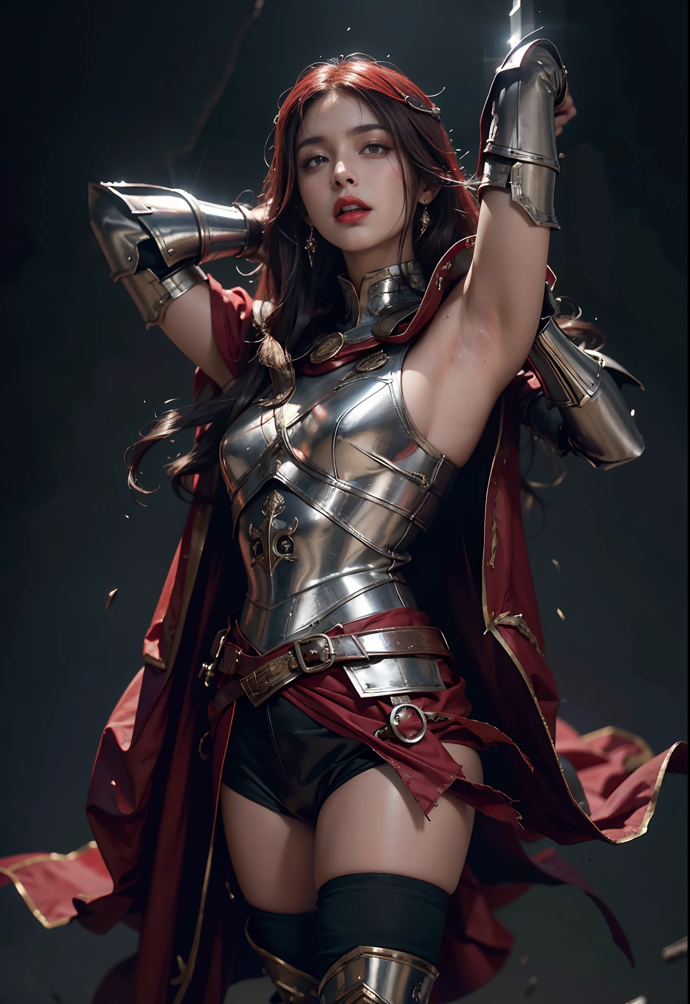 1girl,beauty, solo, female roman warrior with red helmet and cape, long black hair, angry, extremely beautiful girl, subtle makeup, silver hour, photorealistic, high contrast, 16k HD, detailed, hyper-detailed, realistic skin texture, red hair, athletic, best quality, ultra high res, raw photo, dramatic lighting, unreal engine, intricate diffuse glow and silver tab, black cape, battlefield,  Standing