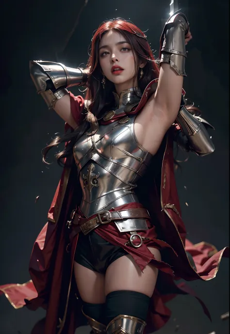 1girl,beauty, solo, female roman warrior with red helmet and cape, long black hair, angry, extremely beautiful girl, subtle make...