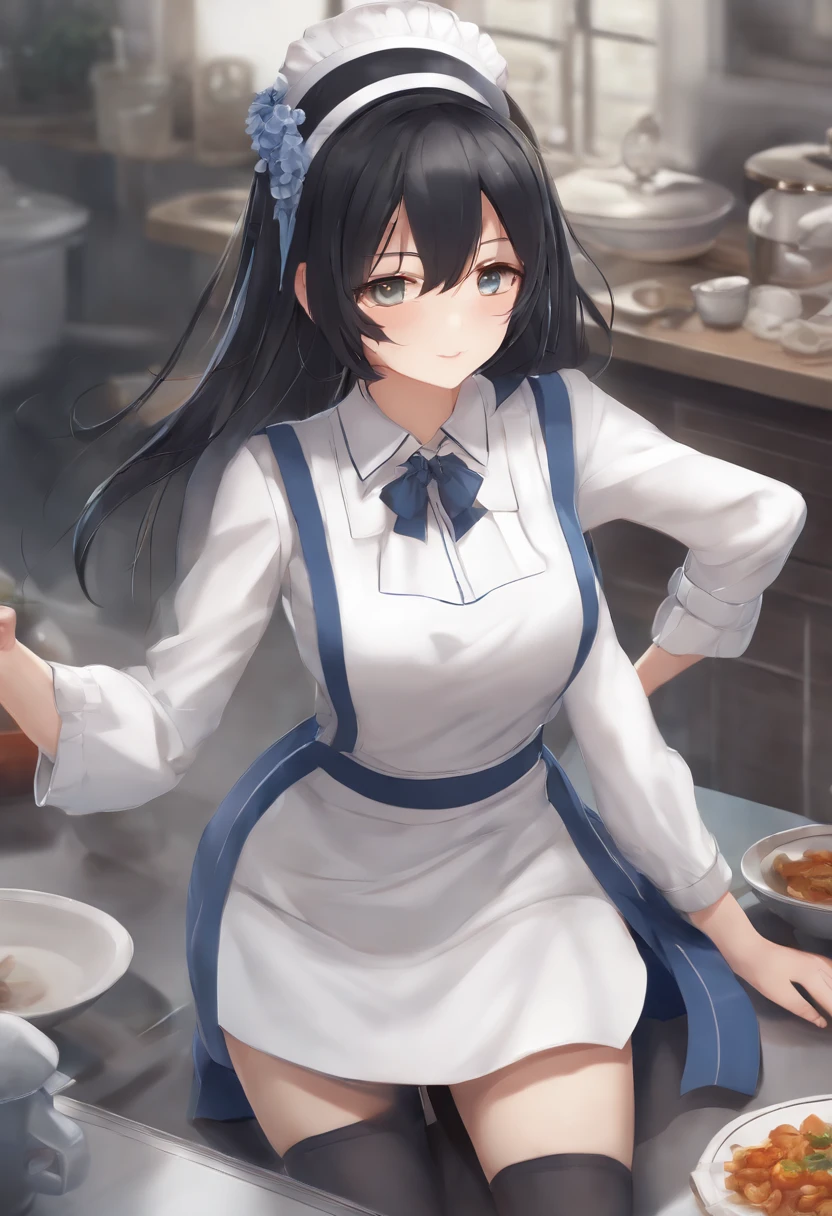 Anime girl in a maid outfit sitting at a table with food - SeaArt AI