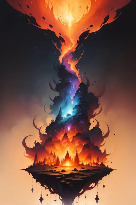 A watercolor painting infused with surreal elements, portraying a vivid and fantastical fire scene. It illustrates the concept that "The fire that I didn't stop burned brightly" in a dreamlike manner