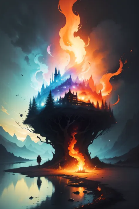 A watercolor painting infused with surreal elements, portraying a vivid and fantastical fire scene. It illustrates the concept that "The fire that I didn't stop burned brightly" in a dreamlike manner