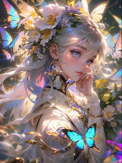(((Masterpiece))), (((Best quality))), ((Ultra-detailed)),(Highly detailed CG illustration), ((An extremely delicate and beautiful)),Cinematic light, Create stunning fantasy artwork，Fairy fantasy，the Flower Fairy，Transparent butterfly wings，Fairy stick，Lot...