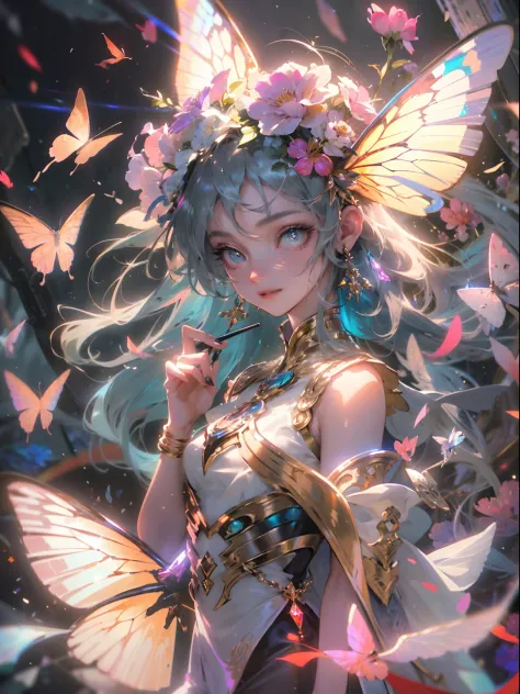 (((Masterpiece))), (((Best quality))), ((Ultra-detailed)),(Highly detailed CG illustration), ((An extremely delicate and beautiful)),Cinematic light, Create stunning fantasy artwork，Fairy fantasy，the Flower Fairy，Transparent butterfly wings，Fairy stick，Lot...