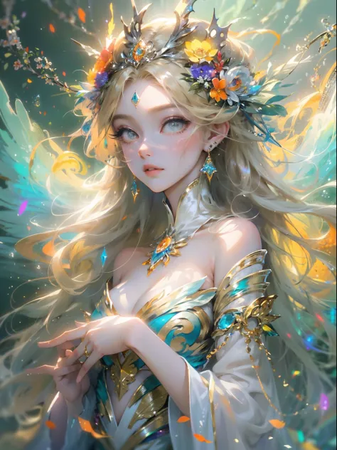 (((Masterpiece))), (((Best quality))), ((Ultra-detailed)),(Highly detailed CG illustration), ((An extremely delicate and beautiful)),Cinematic light, Create stunning fantasy artwork，Fairy fantasy，hoang lap，greek myth，Iris is the goddess of the rainbow，A yo...