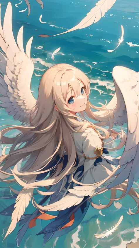 (masterpiece,best quality), top view, upper body, 
long hair, (platinum blonde wavy hair:0.8), 
happy smile, 
feather wings flut...