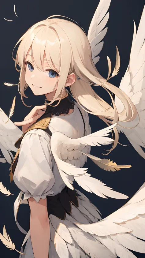 (masterpiece,best quality), top view, upper body, 
long platinum blonde hair, 
happy smile, 
feather wings flutter on the back,