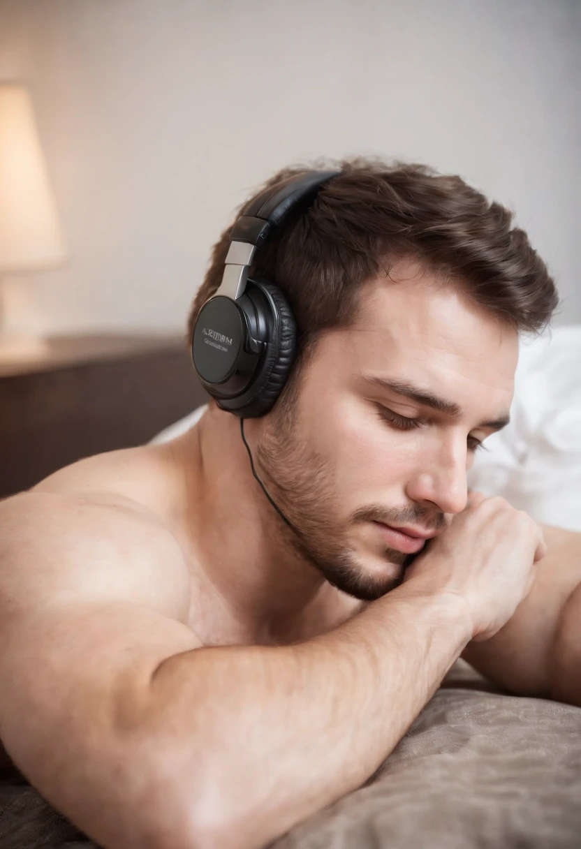 Arafed man laying on a bed with headphones on - SeaArt AI