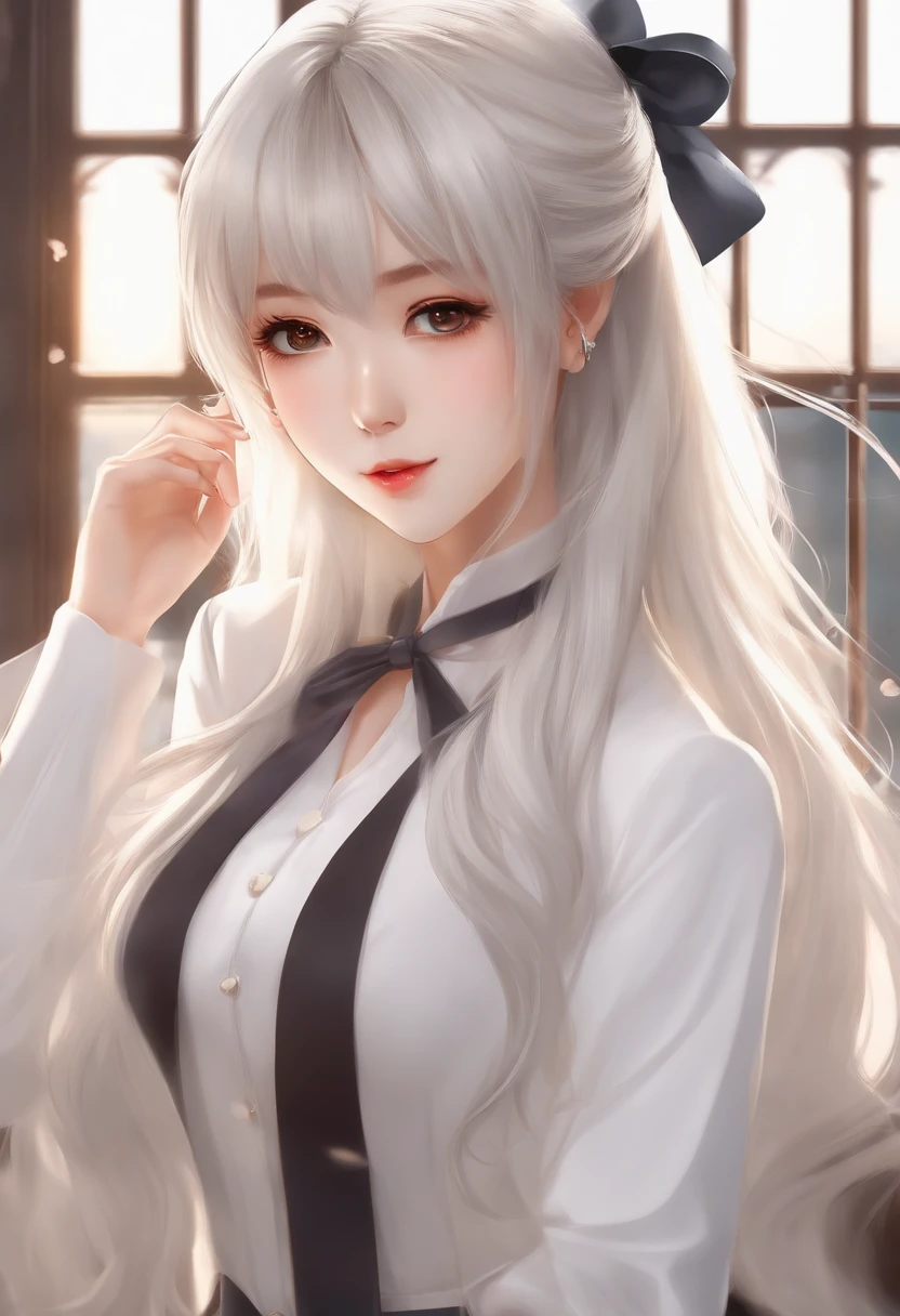 There is a long-haired woman wearing a white jacket and bow tie, korean girl, Realistic anime girl, Fille chinoise, Anime Girl dans la vraie vie, Anime Fille aux cheveux longs, Hime cut white hairstyle, cute natural anime face, realistic anime 3 d style, beautiful anime girl, avec mignon - fine - visage, beautiful anime portrait, beautiful south korean woman