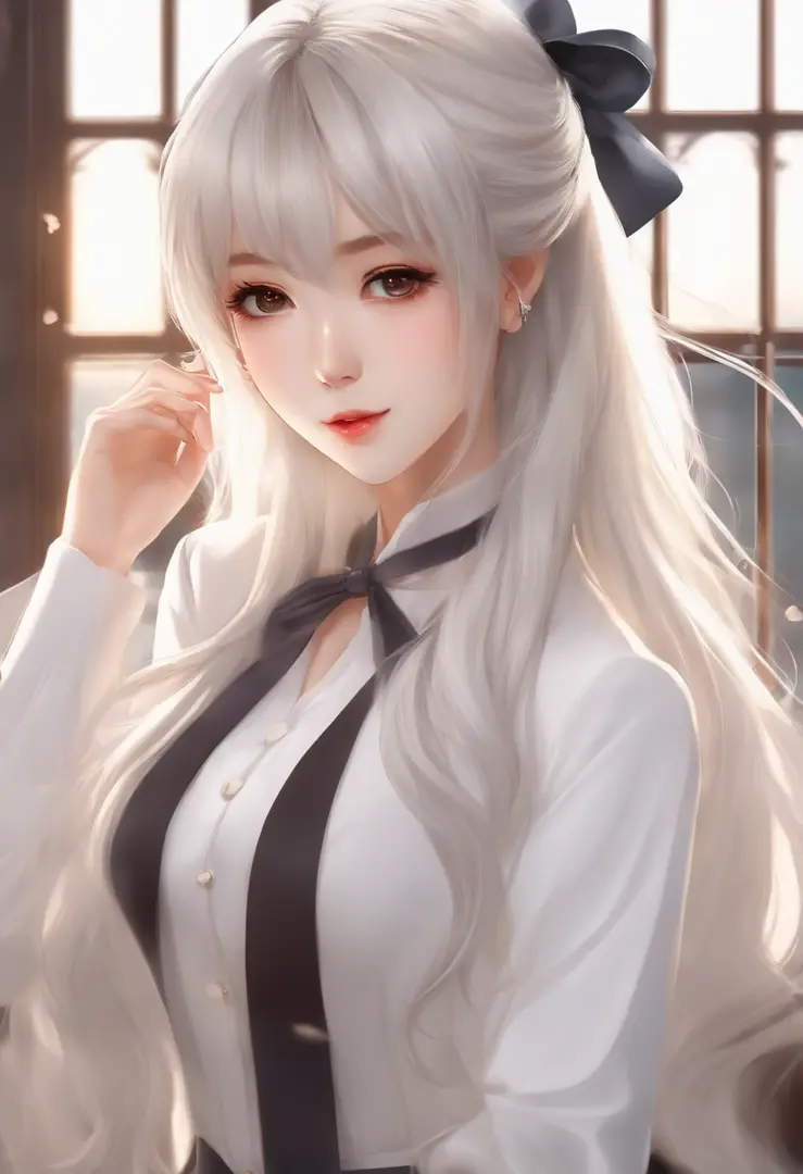 There is a long-haired woman wearing a white jacket and bow tie, korean girl, Realistic anime girl, Fille chinoise, Anime Girl dans la vraie vie, Anime Fille aux cheveux longs, Hime cut white hairstyle, cute natural anime face, realistic anime 3 d style, b...