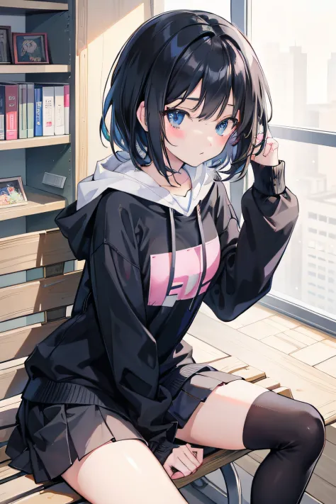 anime girl sitting on a bench in a library with a laptop, anime moe artstyle, anime visual of a cute girl, black haired girl wearing hoodie, beautiful anime high school girl, smooth anime cg art, anime style 4 k, cute anime girl, young anime girl, an anime...