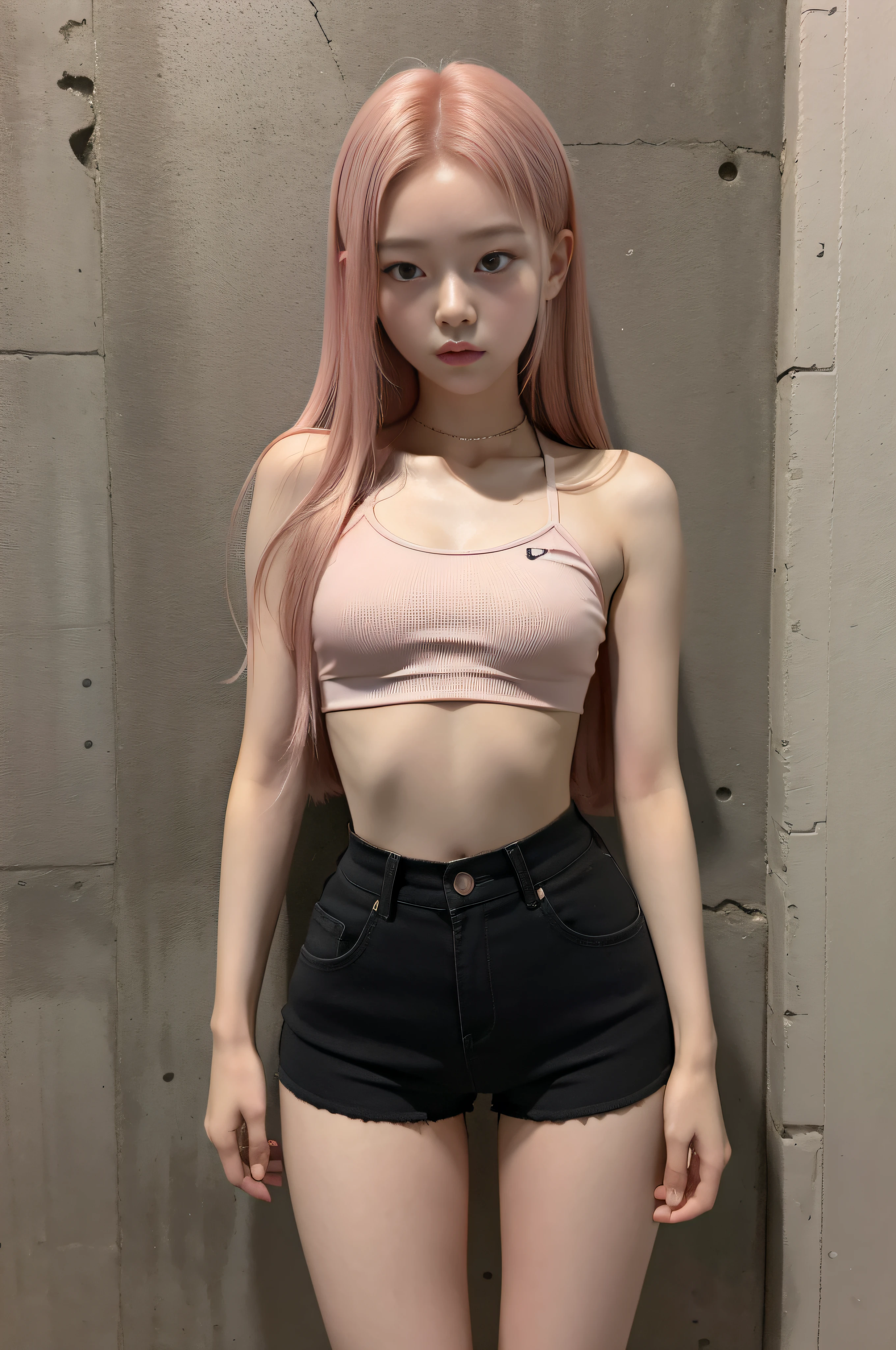 A woman with pink hair and black shorts posing for a photo - SeaArt AI