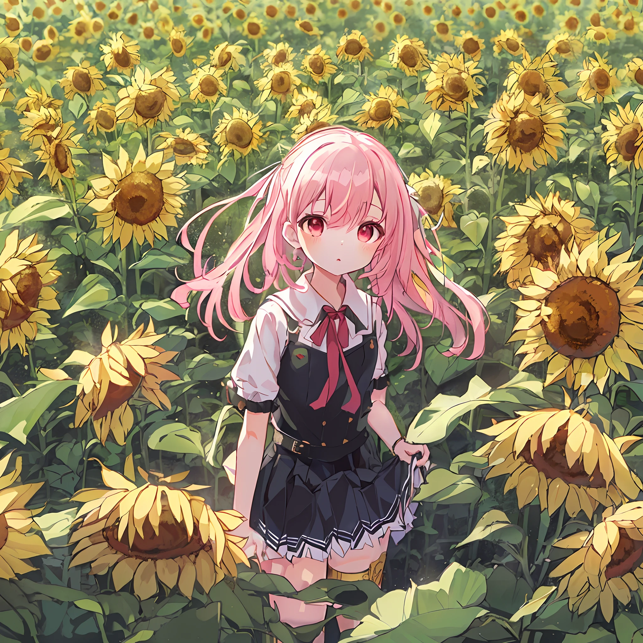 absurderes, hight resolution, (Anime style:1.1), ((masutepiece)), ((Best Quality)), (Ultra-detailed), (Beautiful), 独奏, Beautiful face、(liftup)、Cute little girl standing in sunflower field、Beautiful endless sky,Wind,Glowing pale pink hair、 Fine red eyes,Ephemeral,,Looking at Viewer,Dramatic,、(full body Esbian)、14years、((Low position,From below:1.5))、a miniskirt、Fluffy goth loli style clothes、garterbelts、(:1.4)、(Lifted skirt:1.7)