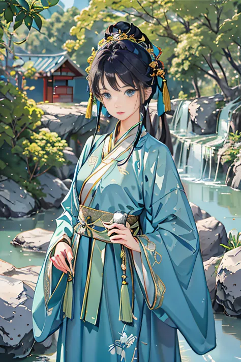 Best quality at best，Complicated details，Highest high resolution，Tang dynasty costume Han costume，The color of the clothes is aqua blue，Single player scenario，The girl was standing，Then enrich the details，The scene is in an ancient building