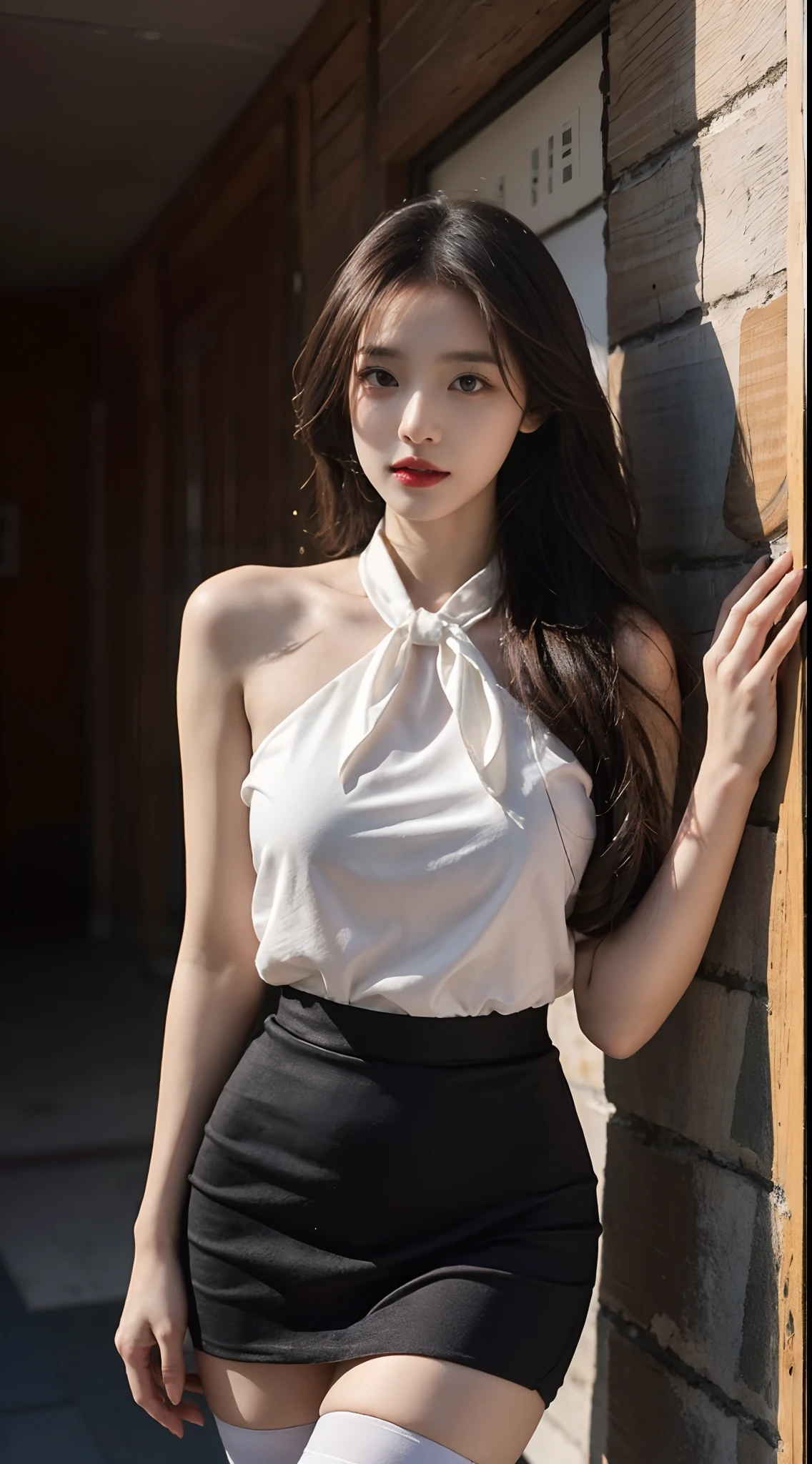 A perfect young female white-collar worker，Chinese big breasts，High picture  quality，Works of masters，Black hair，Long hair shawl，Long hair flowing over  the shoulders，Beach wave hairstyle，cropped shoulders，clavicle，exquisite  face，Hydrated red