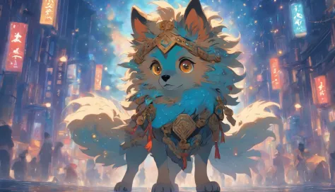 Zodiac Dog Furry dog, ,Big eyes, Wear festive attire, Standing on the side of the street, Ancient style, Artistic touch，Snes painting