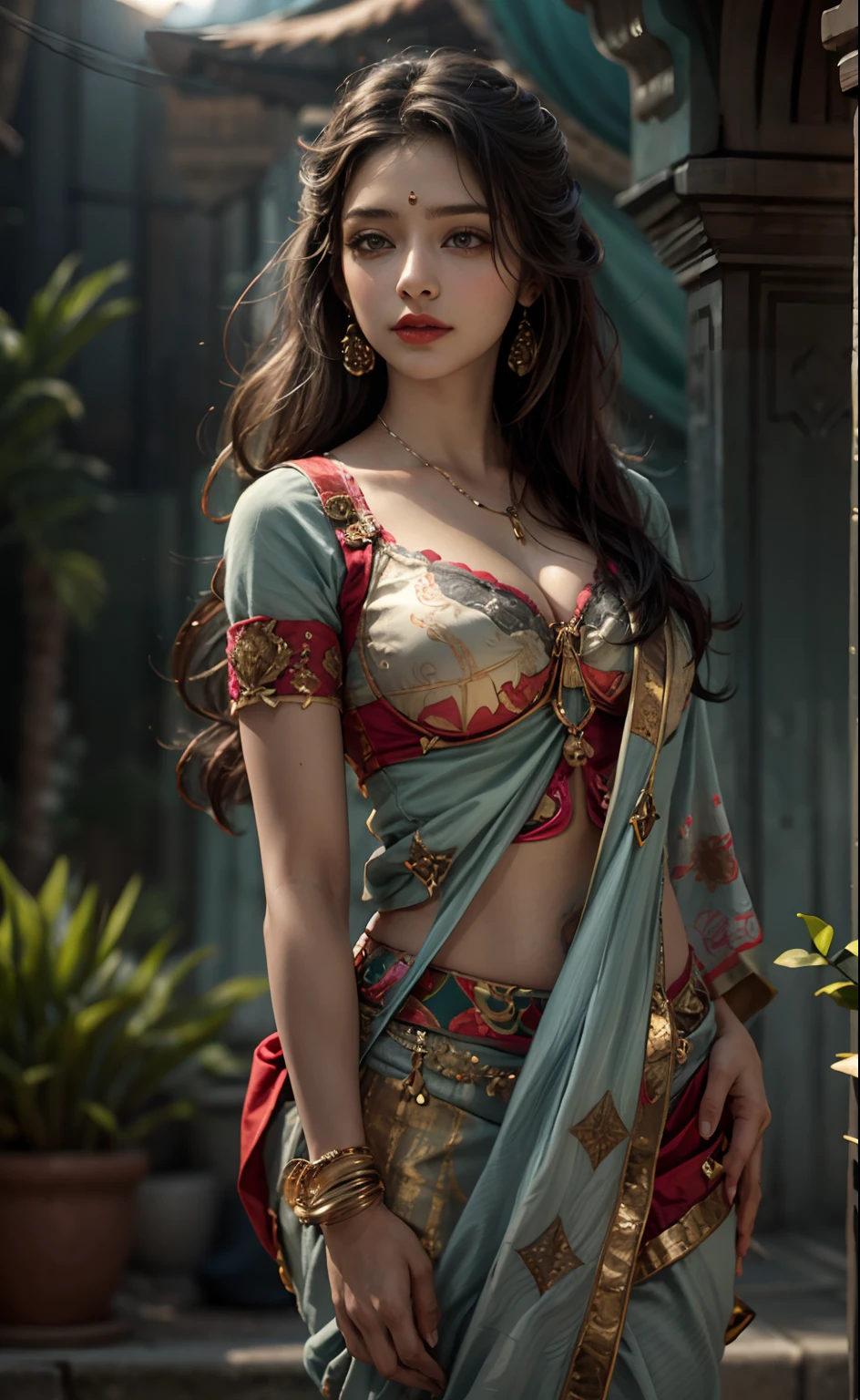 walking in a moonlit courtyard, exotic girl, indian, looking at the viewer, shining skin, perfect lighting, the embodiment of grace and elegance, (saree and bra), (Big Tits:1), cleavage, clear curvy details, beautiful curves, detailed eyes, detailed pupil, volumetric lighting, Ultra Detailed, unity 8k wallpaper, ultra detailed, aesthetic, masterpiece, best quality, photorealistic