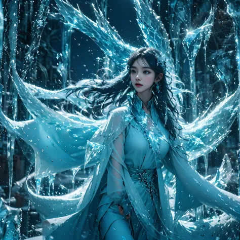 (((1girll)))，Imperial water，A magician，（Loose dress：1.5），（Perfect facial features：1.4），（Blue silk robe），（Mysterious magic formations：1.2），Blue glow，（Frost wings），(((Powerful ice magic)))，(((Icicles)))，Towering over the landscape，Blue light cold light，(((Ic...