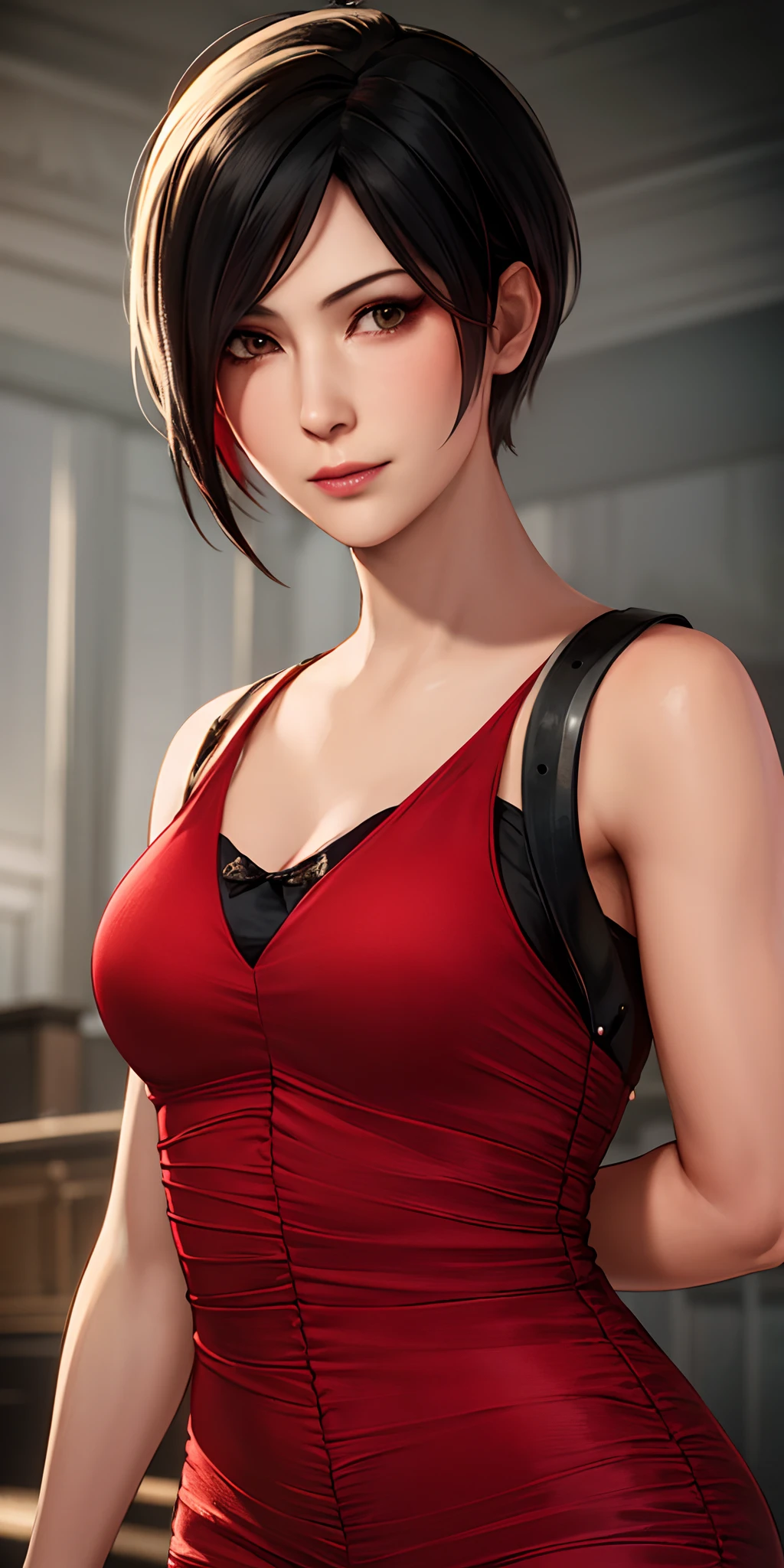 1girl, cowboy shot of beautiful ada, looking at viewer, red dress, black hair, blush, short hair, athletic night, volumetric lighting, best quality, masterpiece, intricate details, tonemapping, sharp focus, hyper detailed, trending on Artstation, ada, realistic