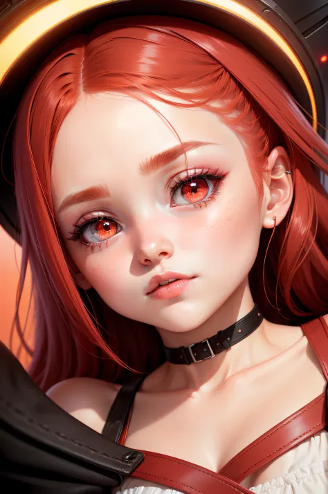 1girll, star eye, blush, Perfect litthing, Red hair, Red Eyes, illusion engine, side lights, Detailed face, Bangs, bright skin, Simple background, Dark background,