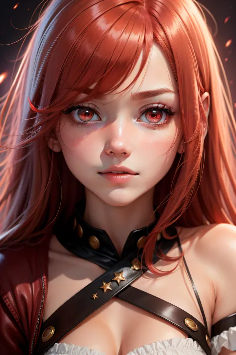 1girll, star eye, blush, Perfect litthing, Red hair, Red Eyes, illusion engine, side lights, Detailed face, Bangs, bright skin, Simple background, Dark background,