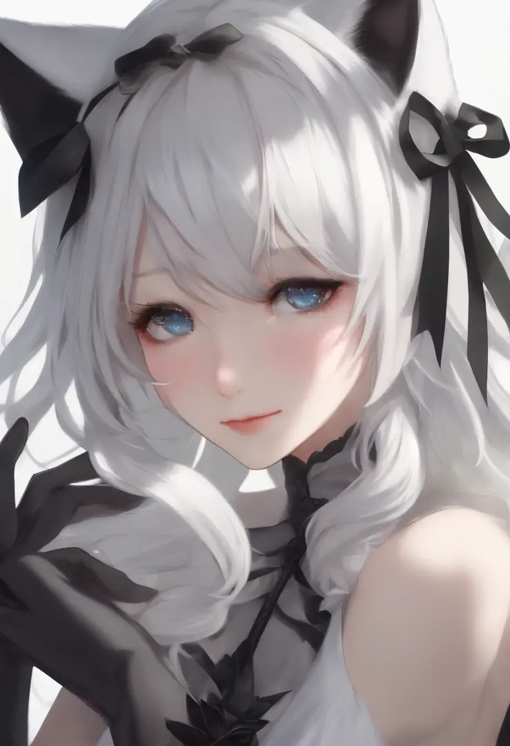 Silver hair, White hair, Hair ribbon, ribbon, mismatched pupils, wince, Pointy ears, Cat ears, , grin, raised eyebrow, Anime style, color difference, Chiaroscuro, god light, god light, dither, anaglyph, Highly details are toothy