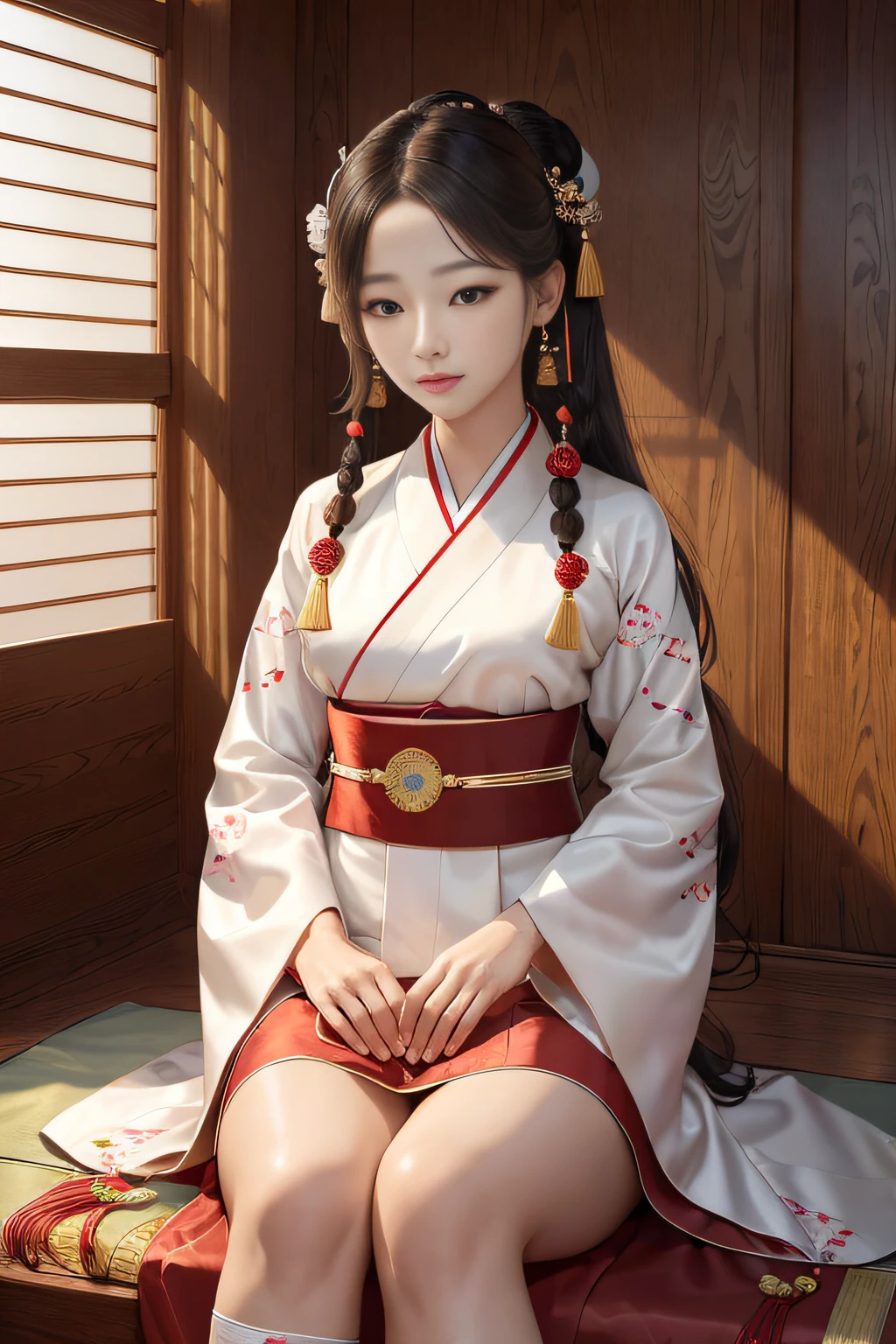 桌上, (最好的品質:1.4), 現實的, 高細節CG統一8k壁紙, 非常詳細, 高清 RAW 彩色攝影, 專業攝影, 寫實肖像, 電影光, 美麗的細節, 韓服和諧是一位優雅且富有文化底蘊的女英雄，自豪地穿著韓國傳統韓服. 她的韓服是工藝的傑作, 色彩鮮豔, 複雜的刺繡, 優雅的線條向韓國豐富的文化遺產致敬. 韓服配有傳統配件，例如 norigae (裝飾流蘇), 北善 (傳統襪子), 和一個喬戈里 (夾克). 韓服和諧長, 飄逸的頭髮搭配優雅的髮夾, 她的眼睛反映出韓國傳統的智慧和美麗. 她的存在散發著優雅和文化自豪感.