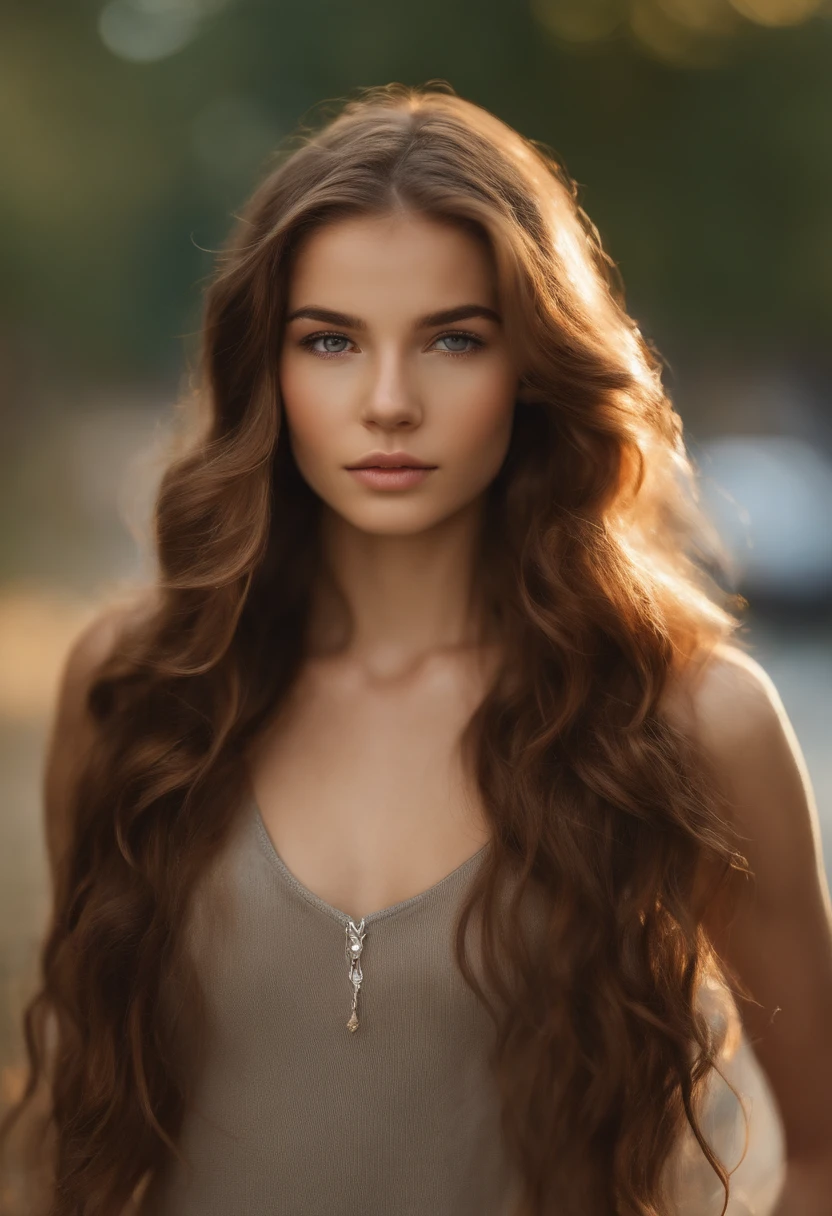 A woman with long brown hair and a necklace on her neck - SeaArt AI