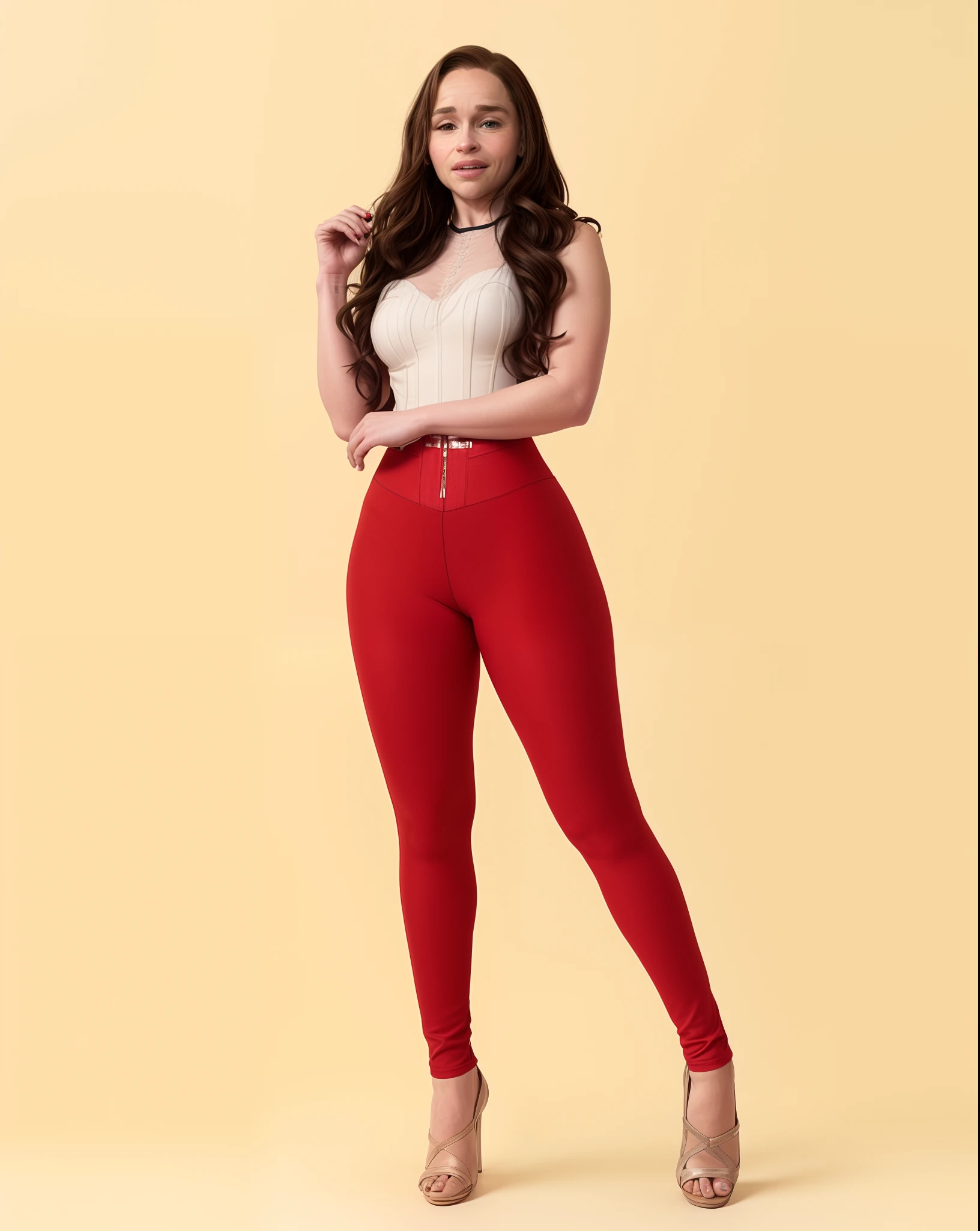 A woman in red pants and a white top posing for a picture - SeaArt AI