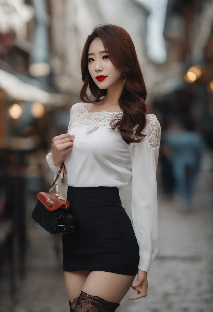 A woman in a white blouse and black skirt posing for a picture - SeaArt AI