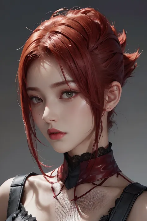 a 20 yo woman、Red-haired、(hi-top fade:1.3)、dark themed、Muted Tones、Subdued Color、highly contrast、(natural skin textures、Hyper-Realism、Soft light、sharp)、lace dresses、
