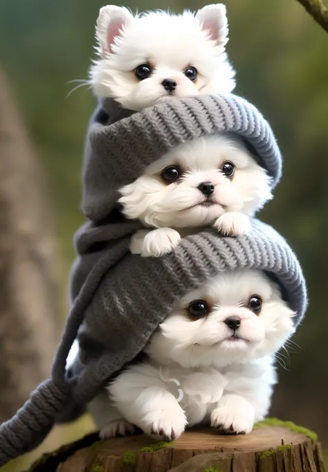 There are three puppies wrapped in a blanket on a tree stump, cachorros  bonitos, cachoros bonitos, cute adorable, foto de cachorro bonito, adoravelmente fofo, cute and adorable, painting digital adorable, adolable, Cute dog smol wearing smol hat, lovely a...