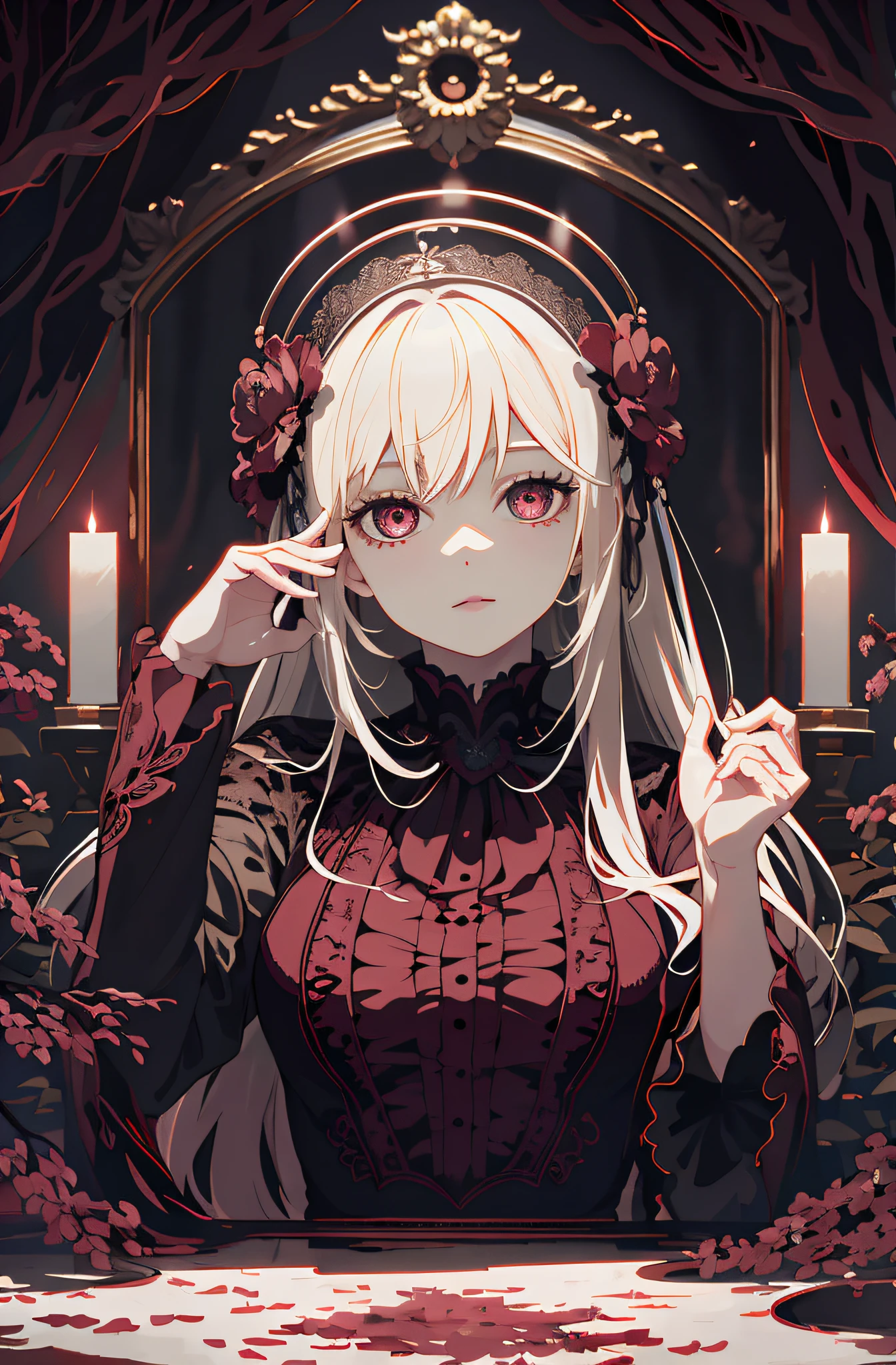 A girl in a garden, detailed eyes, detailed lips, intricate details interweaving together, anime poster, exquisite masterpiece, high-quality, movie-level lighting, mirror reflecting hell, a terrifying and chilling anime, grand and magnificent, cherry blossom tree, gloomy atmosphere, detailed background, flickering candles. (best quality, 4k, highres, masterpiece:1.2), ultra-detailed, (realistic:1.37), horror, anime, photography, dim color tones, candlelight, symmetrical pupils.