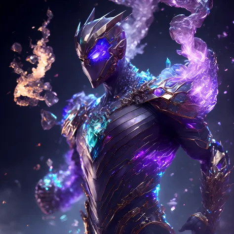 close-up ( crystal man from marvel in goth style: 1.3) emerging from multi colored crystal, extremely detailed, smoke, sparks, m...